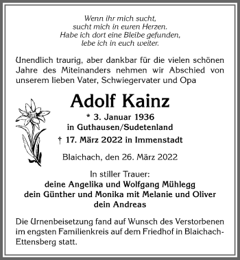 Traueranzeige von Adolf Kainz von Allgäuer Anzeigeblatt