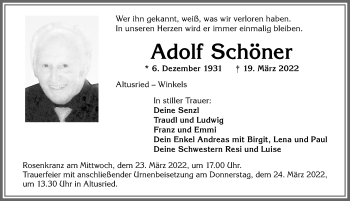 Traueranzeige von Adolf Schöner von Allgäuer Zeitung,Kempten