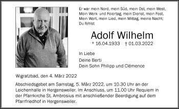 Traueranzeige von Adolf Wilhelm von Der Westallgäuer