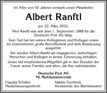 Traueranzeige von Albert Ranftl von Allgäuer Zeitung, Marktoberdorf