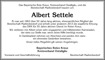 Traueranzeige von Albert Settele von Allgäuer Zeitung, Marktoberdorf