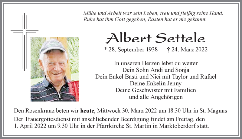  Traueranzeige für Albert Settele vom 30.03.2022 aus Allgäuer Zeitung, Kaufbeuren/Buchloe