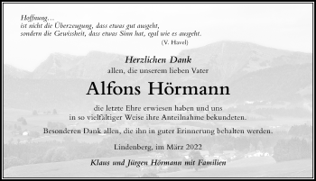 Traueranzeige von Alfons Hörmann von Der Westallgäuer