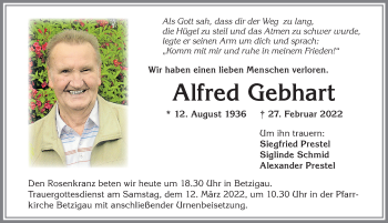 Traueranzeige von Alfred Gebhart von Allgäuer Zeitung,Kempten
