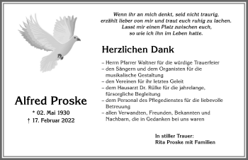 Traueranzeige von Alfred Proske von Allgäuer Zeitung, Kaufbeuren/Buchloe