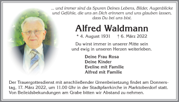 Traueranzeige von Alfred Waldmann von Allgäuer Zeitung, Marktoberdorf