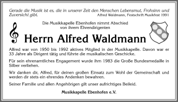 Traueranzeige von Alfred Waldmann von Allgäuer Zeitung, Marktoberdorf