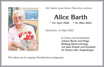 Traueranzeige von Alice Barth von Memminger Zeitung