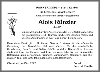 Traueranzeige von Alois Rünzler von Allgäuer Anzeigeblatt