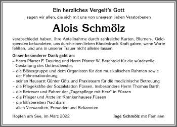 Traueranzeige von Alois Schmölz von Allgäuer Zeitung, Füssen