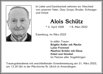 Traueranzeige von Alois Schütz von Memminger Zeitung