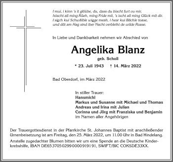 Traueranzeige von Angelika Blanz von Allgäuer Anzeigeblatt