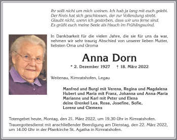 Traueranzeige von Anna Dorn von Allgäuer Zeitung,Kempten