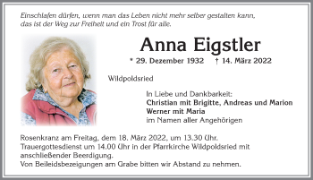 Traueranzeige von Anna Eigstler von Allgäuer Zeitung,Kempten