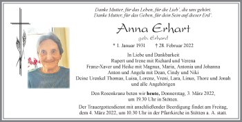 Traueranzeige von Anna Erhart von Allgäuer Zeitung, Marktoberdorf