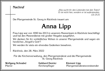 Traueranzeige von Anna Lipp von Allgäuer Zeitung, Füssen