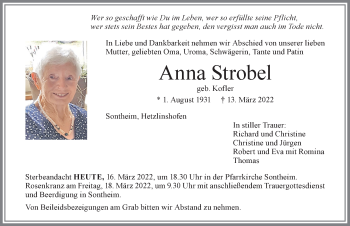 Traueranzeige von Anna Strobel von Memminger Zeitung