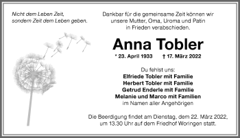 Traueranzeige von Anna Tobler von Memminger Zeitung