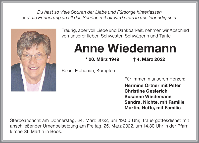  Traueranzeige für Anne Wiedemann vom 19.03.2022 aus Memminger Zeitung