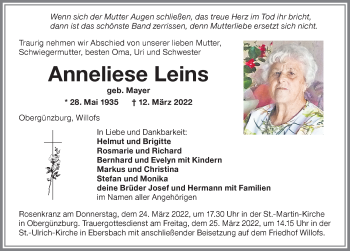 Traueranzeige von Anneliese Leins von Allgäuer Zeitung, Marktoberdorf