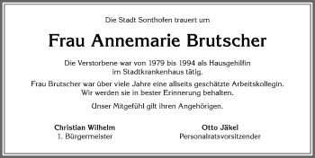 Traueranzeige von Annemarie Brutscher von Allgäuer Anzeigeblatt