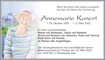 Traueranzeige von Annemarie Kunert von Allgäuer Zeitung, Füssen