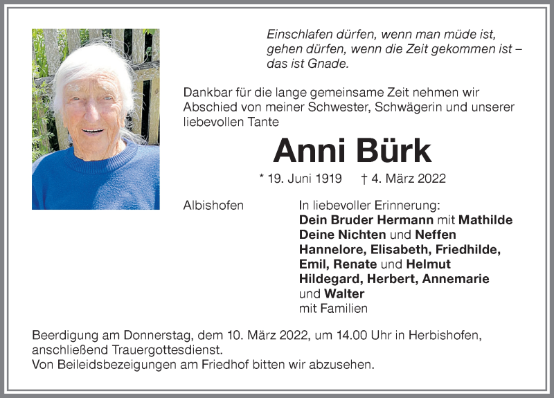  Traueranzeige für Anni Bürk vom 08.03.2022 aus Memminger Zeitung