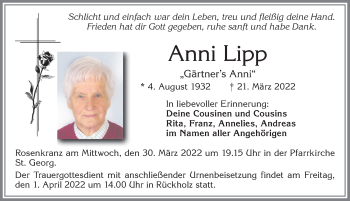 Traueranzeige von Anni Lipp von Allgäuer Zeitung, Füssen