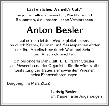 Traueranzeige von Anton Besler von Allgäuer Anzeigeblatt