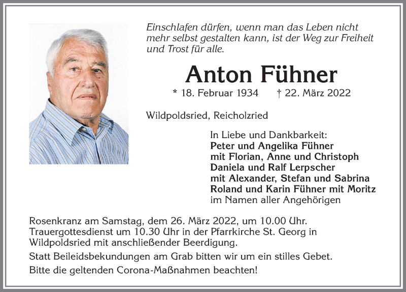  Traueranzeige für Anton Fühner vom 25.03.2022 aus Allgäuer Zeitung,Kempten
