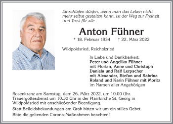 Traueranzeige von Anton Fühner von Allgäuer Zeitung,Kempten