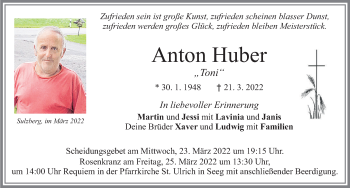Traueranzeige von Anton Huber von Allgäuer Zeitung, Füssen