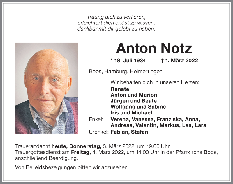  Traueranzeige für Anton Notz vom 03.03.2022 aus Memminger Zeitung