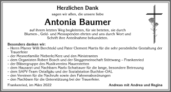 Traueranzeige von Antonia Baumer von Allgäuer Zeitung, Kaufbeuren/Buchloe