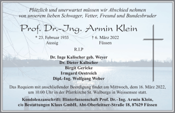Traueranzeige von Armin Klein von Allgäuer Zeitung, Füssen