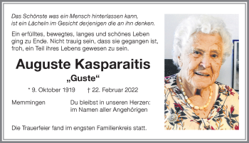 Traueranzeige von Auguste Kasparaitis von Memminger Zeitung