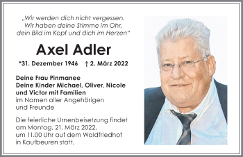 Traueranzeige von Axel Adler von Allgäuer Zeitung, Kaufbeuren/Buchloe