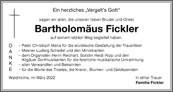 Traueranzeige von Bartholomäus Fickler von Memminger Zeitung