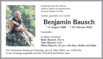 Traueranzeige von Benjamin Bausch von Allgäuer Anzeigeblatt