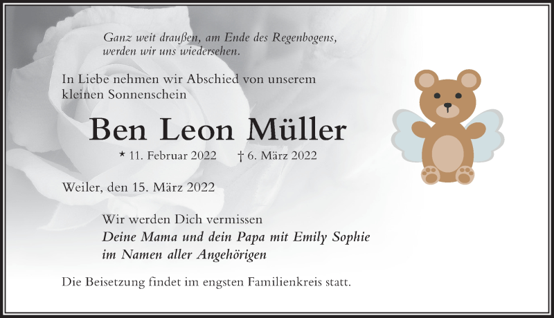  Traueranzeige für Ben Leon Müller vom 15.03.2022 aus Der Westallgäuer