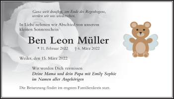 Traueranzeige von Ben Leon Müller von Der Westallgäuer