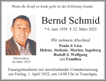 Traueranzeige von Bernd Schmid von Allgäuer Zeitung, Füssen