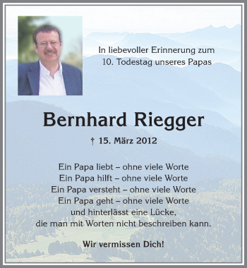 Traueranzeige von Bernhard Riegger von Allgäuer Anzeigeblatt