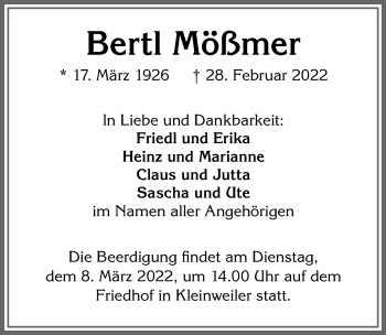 Traueranzeige von Bertl Mößmer von Allgäuer Zeitung,Kempten