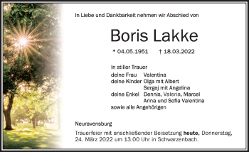Traueranzeige von Boris Lakke von Der Westallgäuer