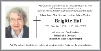 Traueranzeige von Brigitte Haf von Allgäuer Zeitung, Füssen