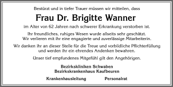 Traueranzeige von Brigitte Wanner von Memminger Zeitung