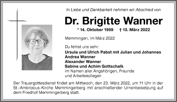 Traueranzeige von Brigitte Wanner von Memminger Zeitung