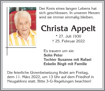 Traueranzeige von Christa Appelt von Allgäuer Zeitung, Kaufbeuren/Buchloe