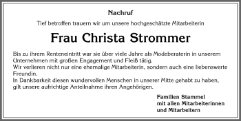 Traueranzeige von Christa Strommer von Allgäuer Zeitung, Kaufbeuren/Buchloe